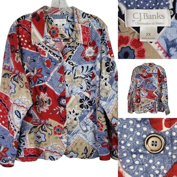 CJ Banks Christopher Banks Women's 2X Linen LS Patchwork Floral Button Up Shirt - Picture 1 of 8